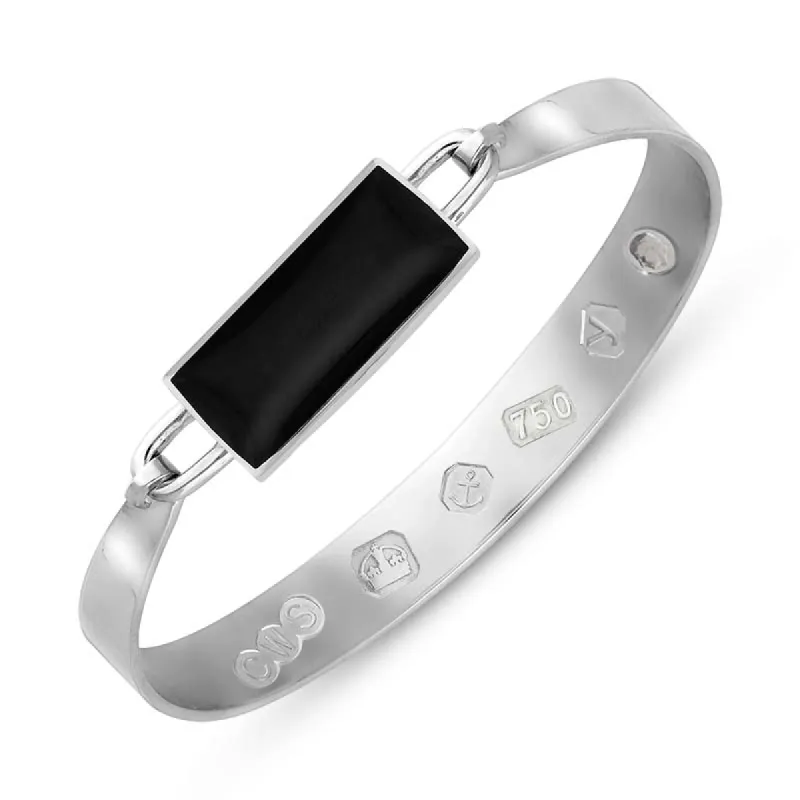 18ct White Gold Whitby Jet King's Coronation Hallmark Wide Oblong Bangle sold by C.W. Sellors