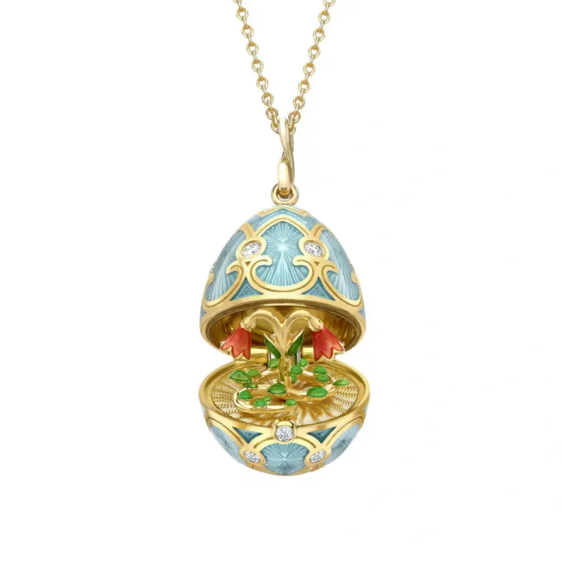Faberge Heritage Yellow Gold Diamond Turquoise Guilloche Enamel Twin Flower Surprise Locket sold by C.W. Sellors