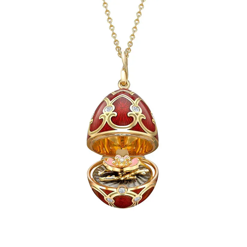 Faberge Heritage Yellow Gold Diamond Red Guilloche Enamel Wild Rose Surprise Locket sold by C.W. Sellors
