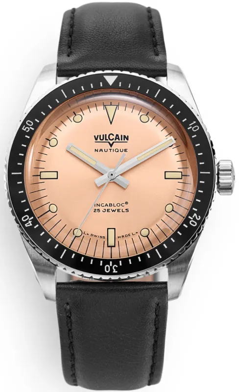 Vulcain Skindiver Nautique Salmon Black Leather Limited Edition Watch sold by C.W. Sellors