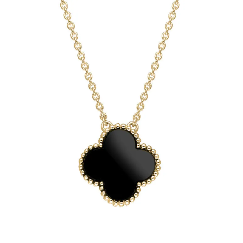 18ct Yellow Gold Whitby Jet Bloom Large Four Leaf Clover Ball Edge Chain Necklet sold by C.W. Sellors