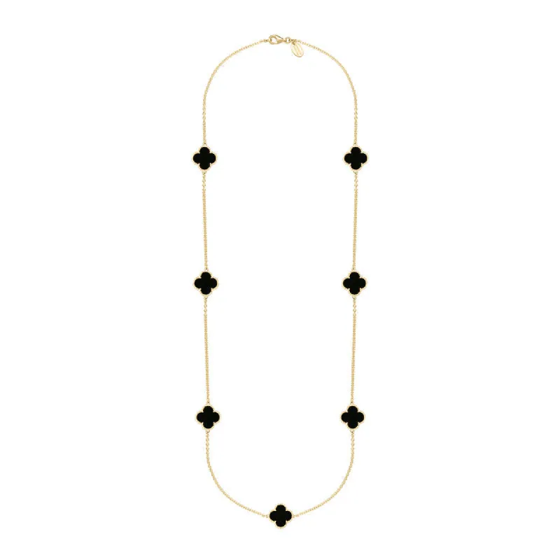 18ct Yellow Gold Whitby Jet Bloom Four Leaf Clover Ball Edge Long Necklace sold by C.W. Sellors