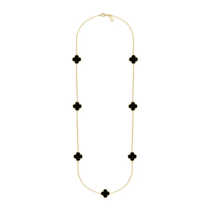 18ct Yellow Gold Whitby Jet Bloom Four Leaf Clover Ball Edge Long Necklace sold by C.W. Sellors