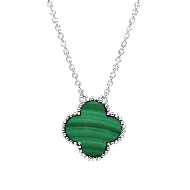 18ct White Gold Malachite Bloom Large Four Leaf Clover Ball Edge Chain Necklet sold by C.W. Sellors