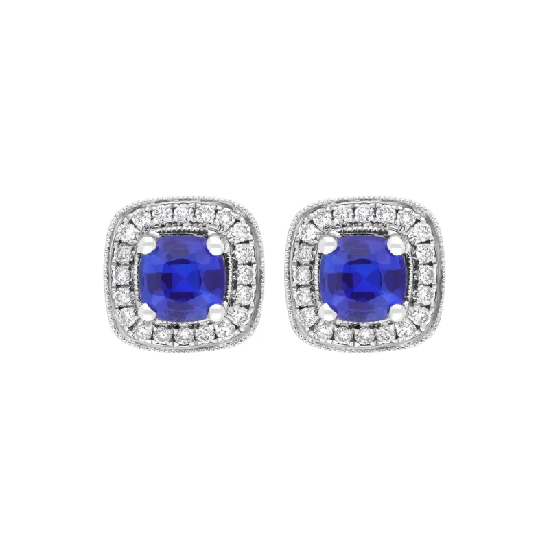18ct White Gold 0.95ct Sapphire 0.19ct Diamond Pave Stud Earrings sold by C.W. Sellors