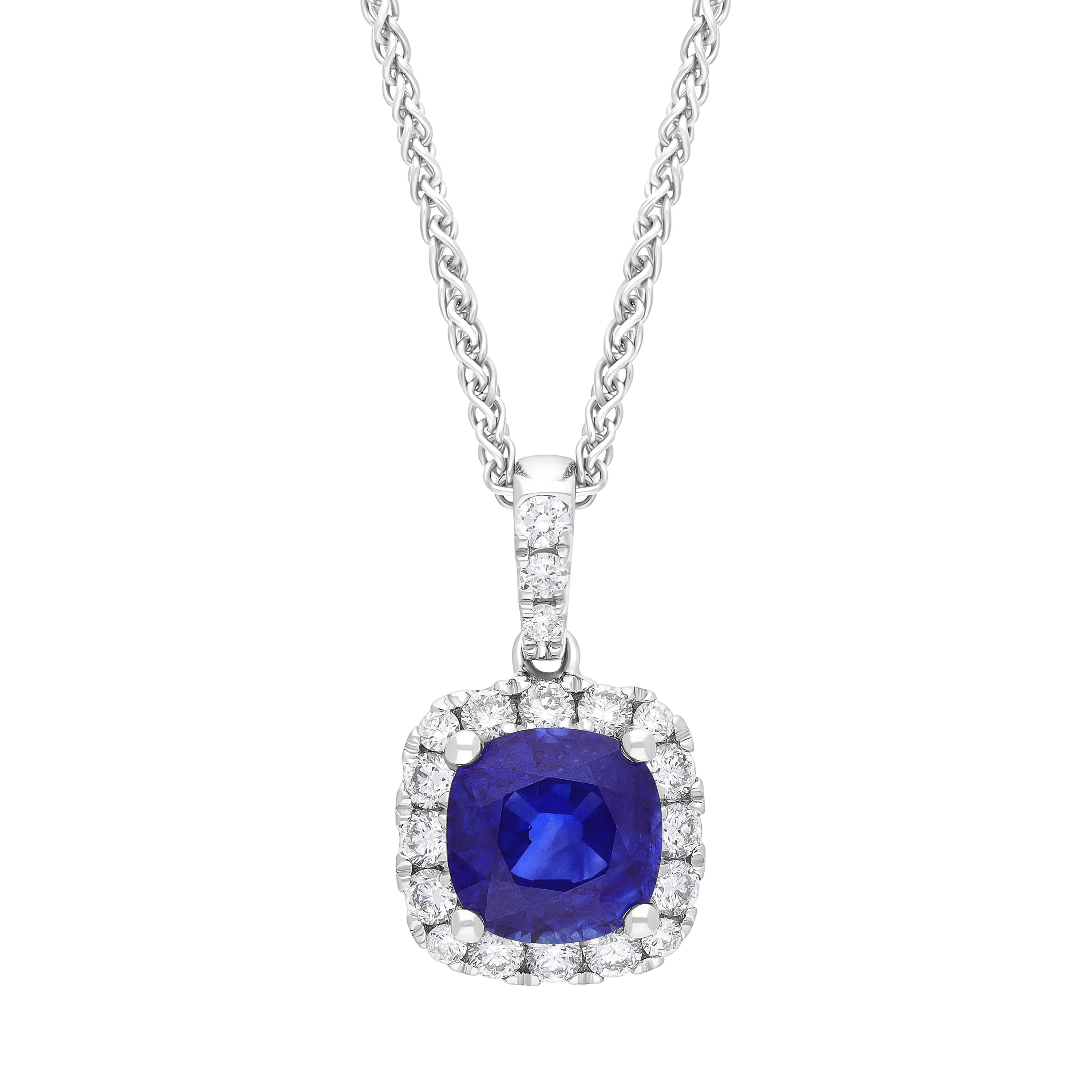18ct White Gold 1.13ct Sapphire 0.24ct Diamond Cushion Cut Necklace sold by C.W. Sellors