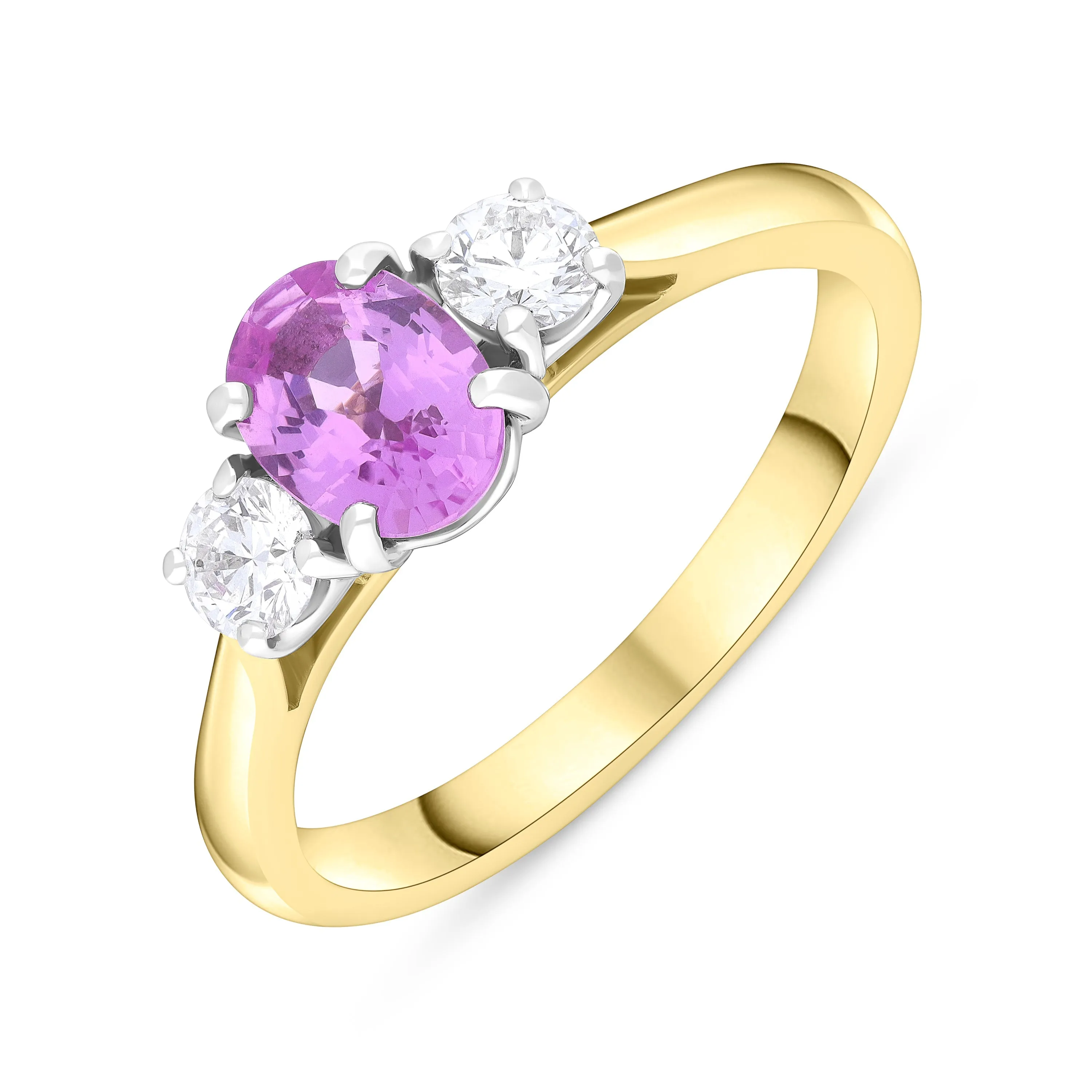 18ct Yellow Gold 0.93ct Pink Sapphire 0.33 Diamond Trilogy Ring sold by C.W. Sellors