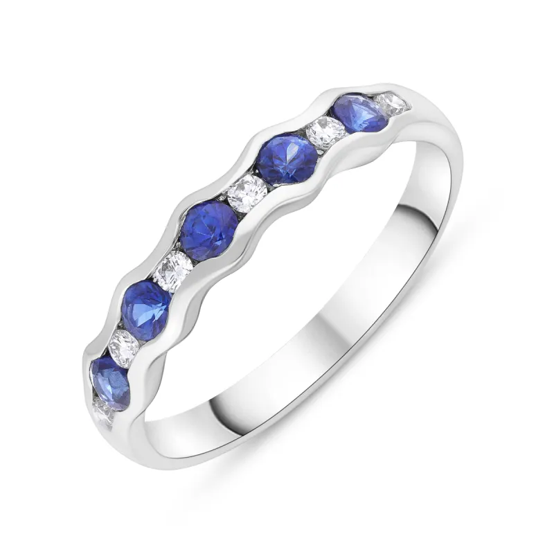 18ct White Gold 0.48ct Sapphire 0.12ct Diamond Half Eternity Wave Ring sold by C.W. Sellors