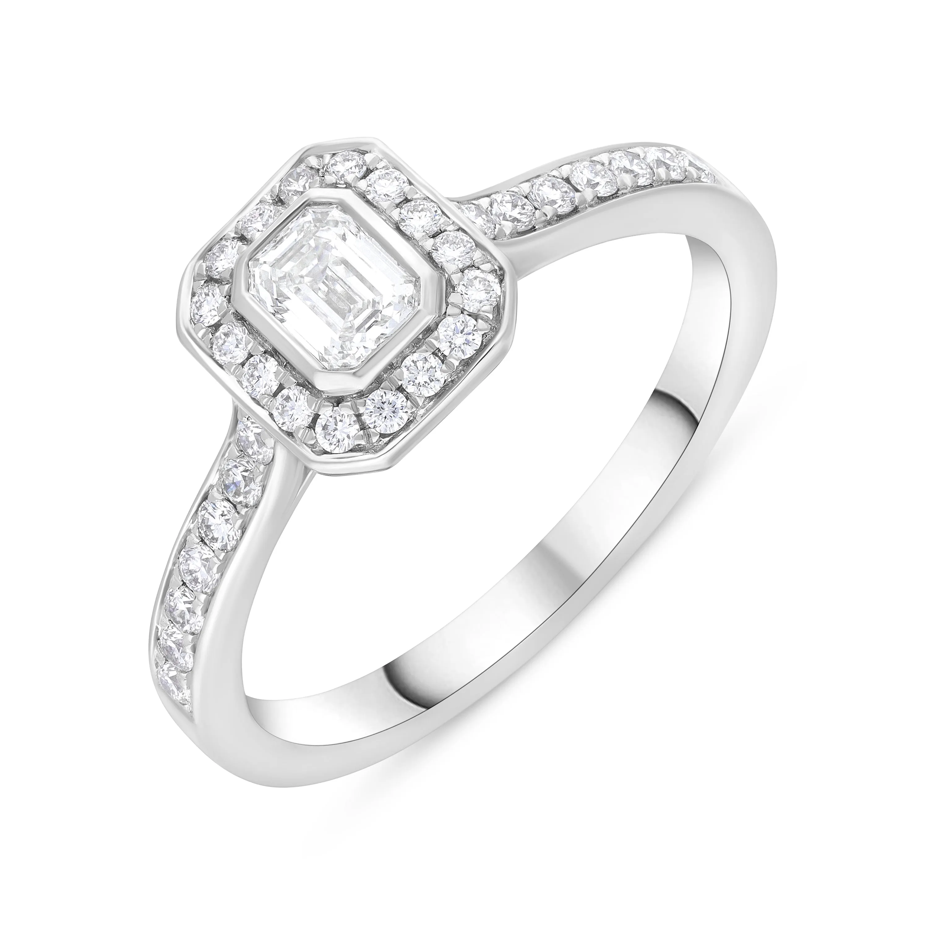 Platinum GIA Certified GVS2 0.59ct Diamond Emerald Cut Framed Cluster Ring sold by C.W. Sellors