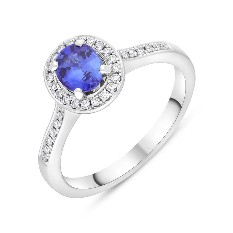 18ct White Gold 0.72ct Sapphire 0.19ct Diamond Halo Ring sold by C.W. Sellors