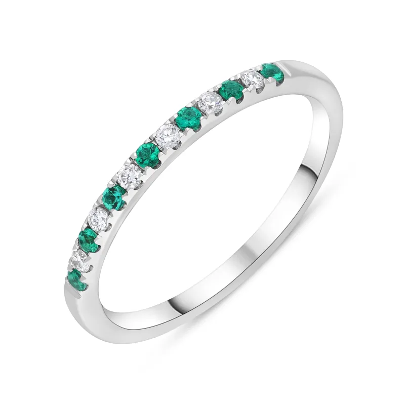 18ct White Gold 0.09ct Emerald 0.08ct Diamond Castle Half Set Eternity Ring sold by C.W. Sellors