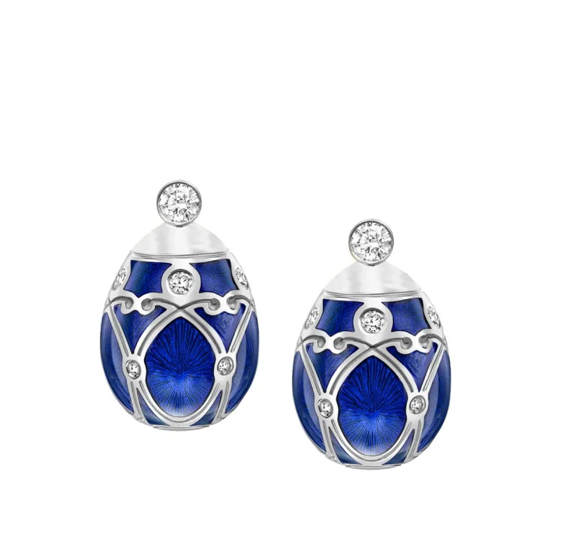 Faberge Heritage White Gold Diamond Royal Blue Guilloche Enamel Stud Earrings sold by C.W. Sellors