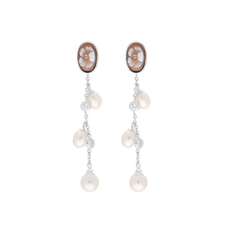Sterling Silver Cubic Zirconia Pearl Cameo Oval Flower Drop Earrings D sold by C.W. Sellors