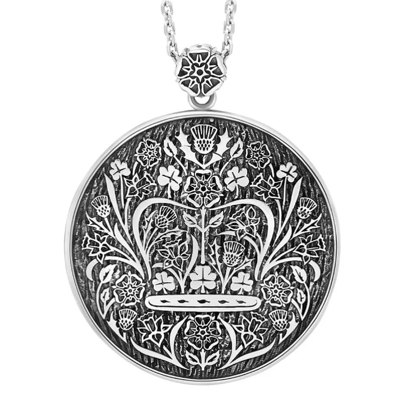 Sterling Silver Whitby Jet King's Coronation Hallmark Round Crown Emblem Necklace D sold by C.W. Sellors