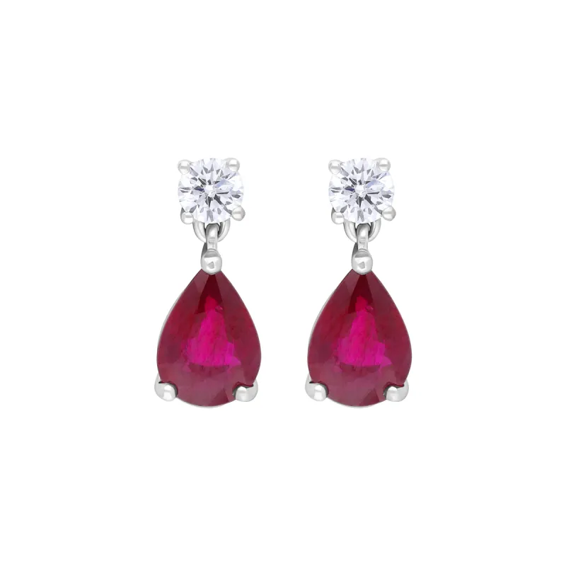 18ct White Gold 1.34ct Ruby 0.21ct Diamond Pear Drop Earrings sold by C.W. Sellors