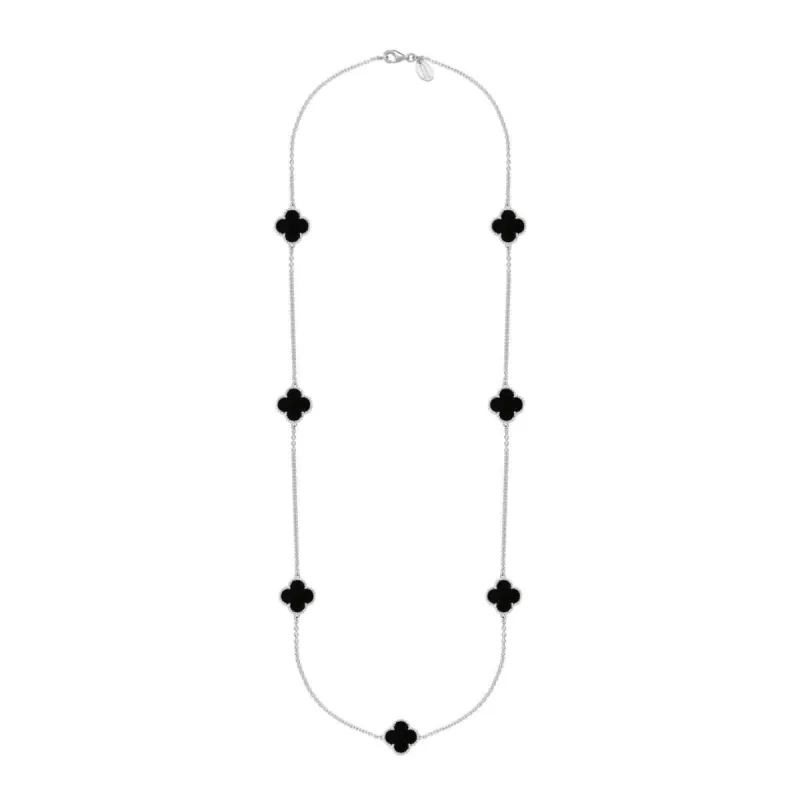 18ct White Gold Whitby Jet Bloom Four Leaf Clover Ball Edge Long Necklace sold by C.W. Sellors