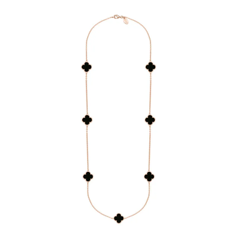 18ct Rose Gold Whitby Jet Bloom Four Leaf Clover Ball Edge Long Necklace sold by C.W. Sellors