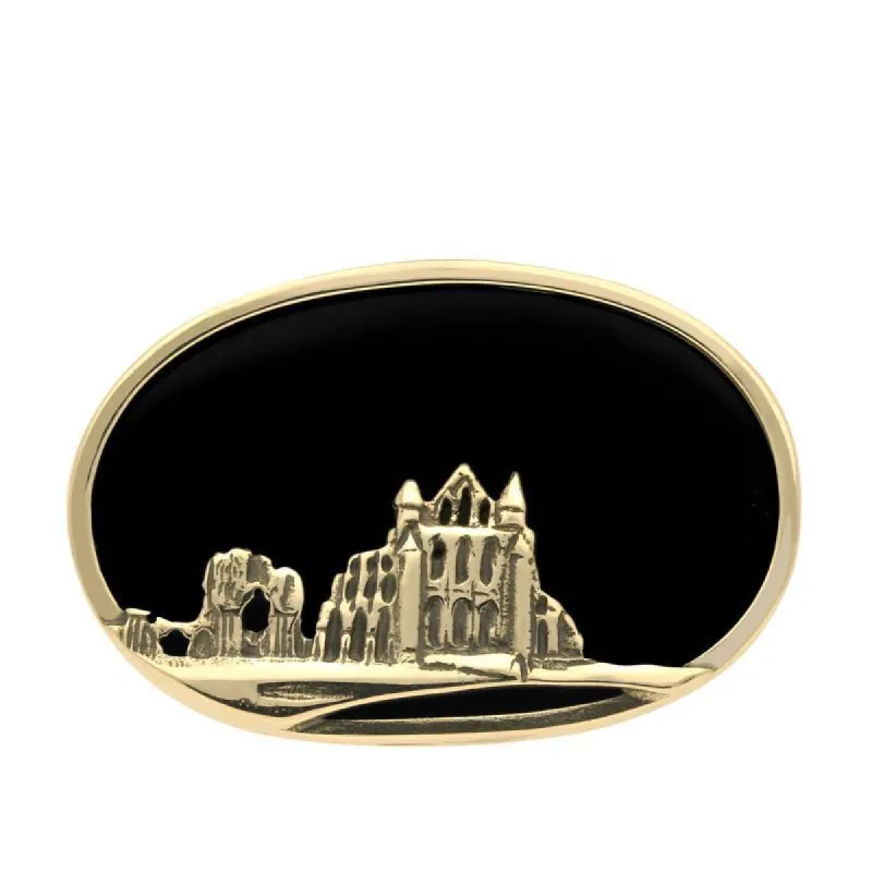 9ct Yellow Gold Whitby Jet Whitby Abbey Brooch sold by C.W. Sellors