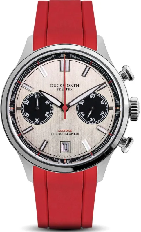 Duckworth Prestex Lostock Silver 40mm Quartz Chronograph Red Rubber Watch sold by C.W. Sellors