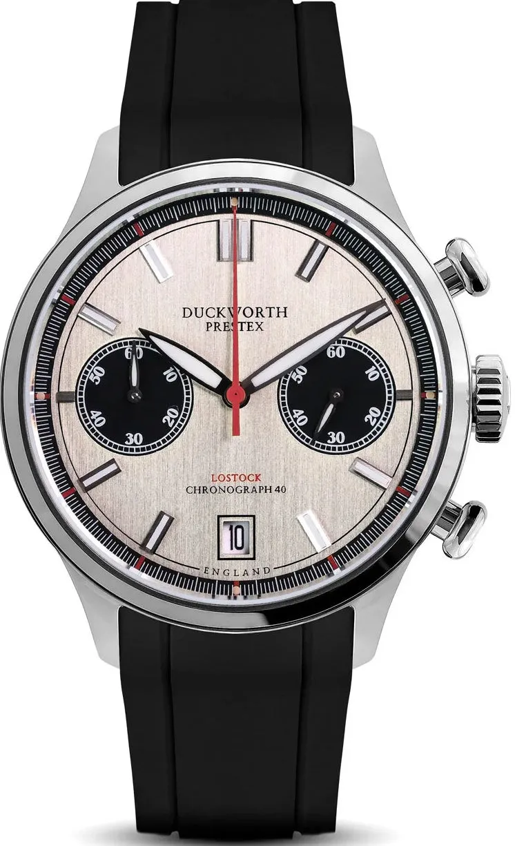 Duckworth Prestex Lostock Silver 40mm Quartz Chronograph Black Rubber Watch sold by C.W. Sellors