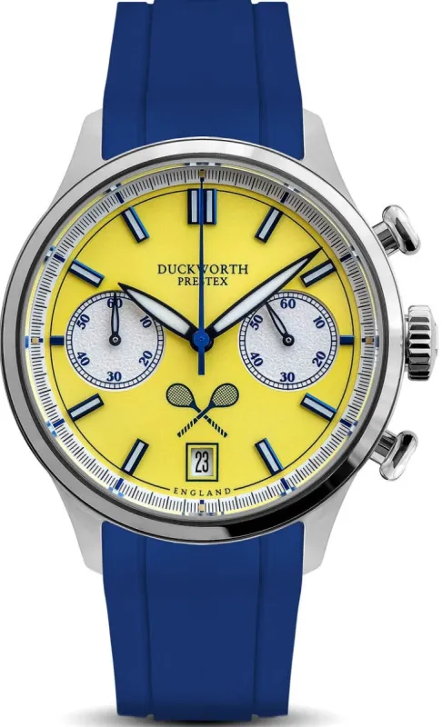 Duckworth Prestex Lostock Yellow 40mm Quartz Chronograph Blue Rubber Watch sold by C.W. Sellors