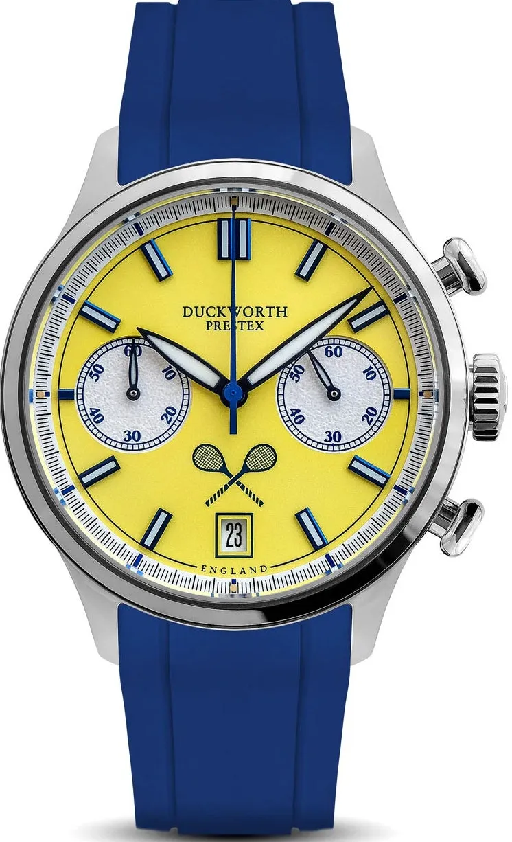 Duckworth Prestex Lostock Yellow 40mm Quartz Chronograph Blue Rubber Watch sold by C.W. Sellors