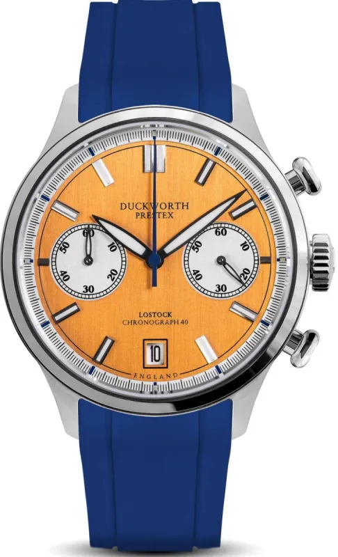 Duckworth Prestex Lostock Orange 40mm Quartz Chronograph Blue Rubber Watch made by C.W. Sellors