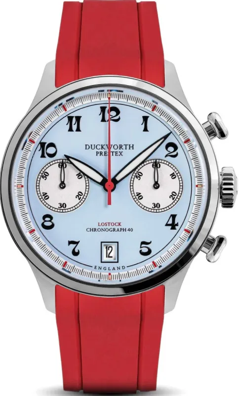 Duckworth Prestex Lostock Blue 40mm Quartz Chronograph Red Rubber Watch sold by C.W. Sellors