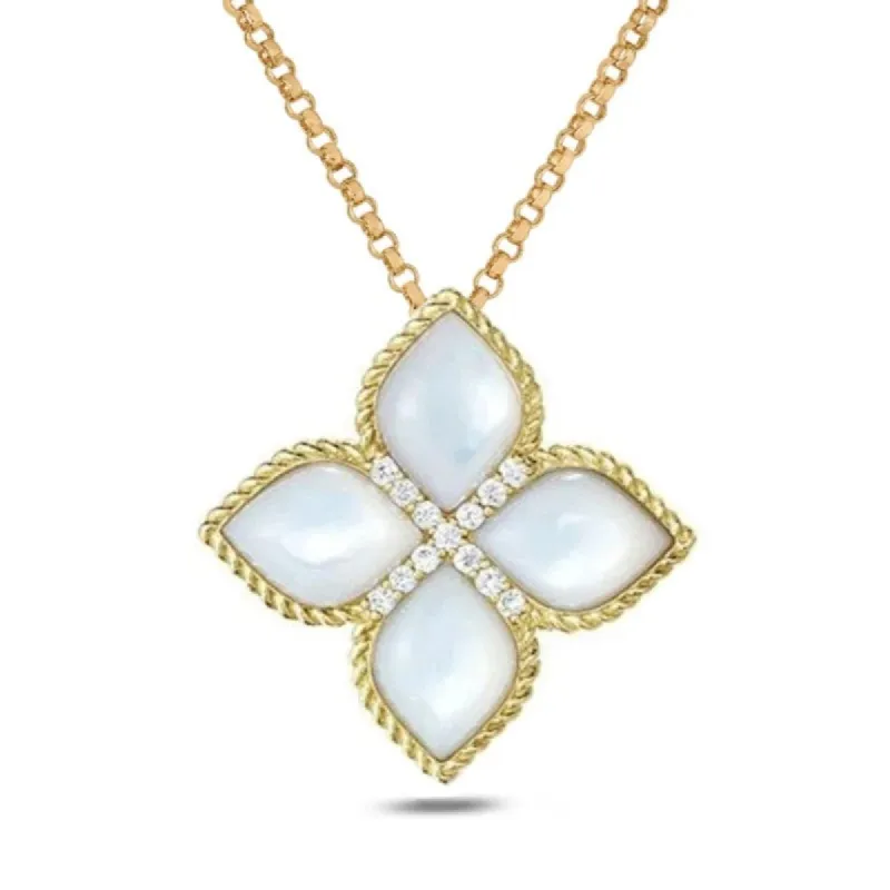 Roberto Coin 18ct Yellow Gold Diamond and Mother of Pearly Princess Flower Pendant 2cm D made by Roberto Coin