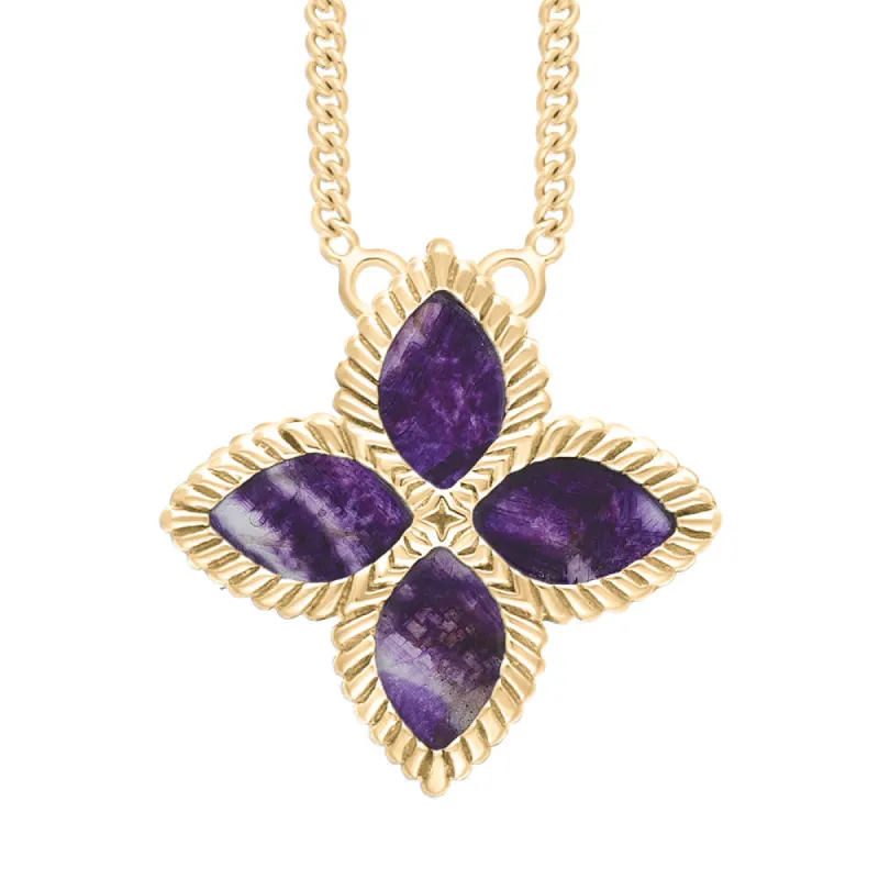 9ct Yellow Gold Blue John eden Large Marquise Flower Necklace sold by C.W. Sellors