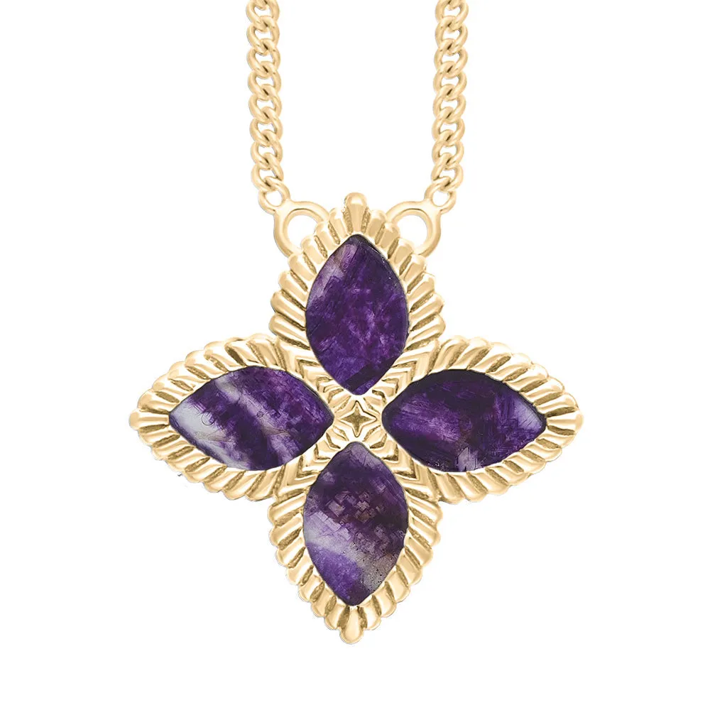 18ct Yellow Gold Blue John eden Large Marquise Flower Necklace sold by C.W. Sellors