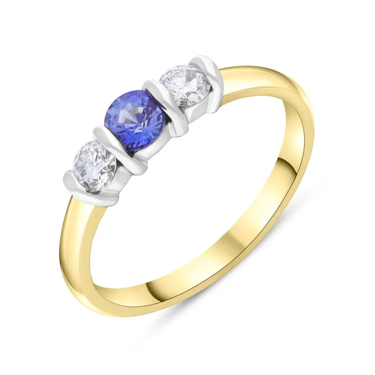 18ct Yellow and White Gold .30 Sapphire .26 3 Stone Diamond Bar Ring sold by C.W. Sellors