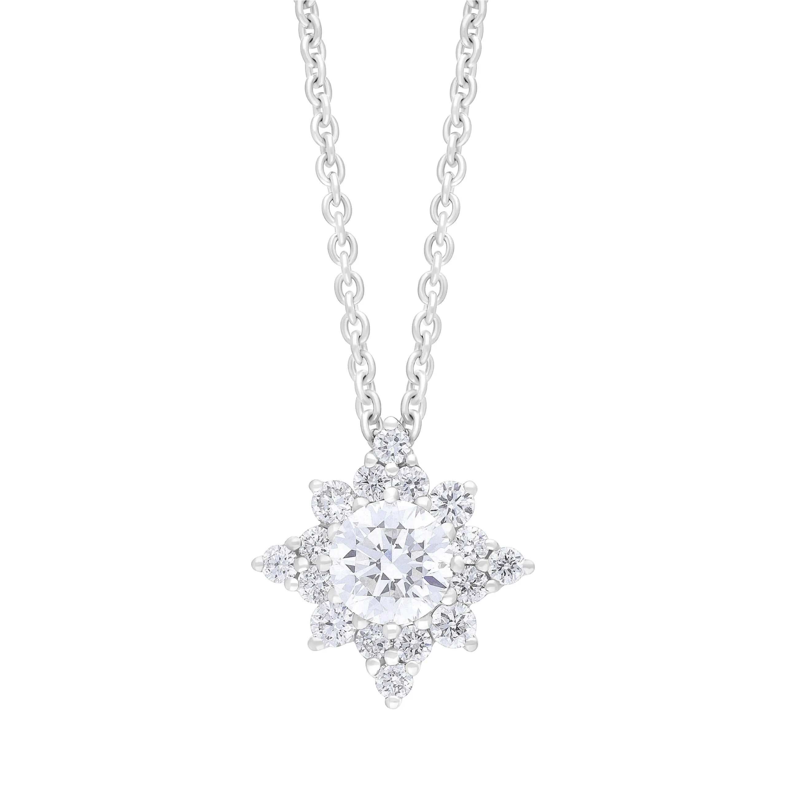 18ct White Gold .31 Diamond .19 Round Star Diamond Cluster Pendant & Chain sold by C.W. Sellors