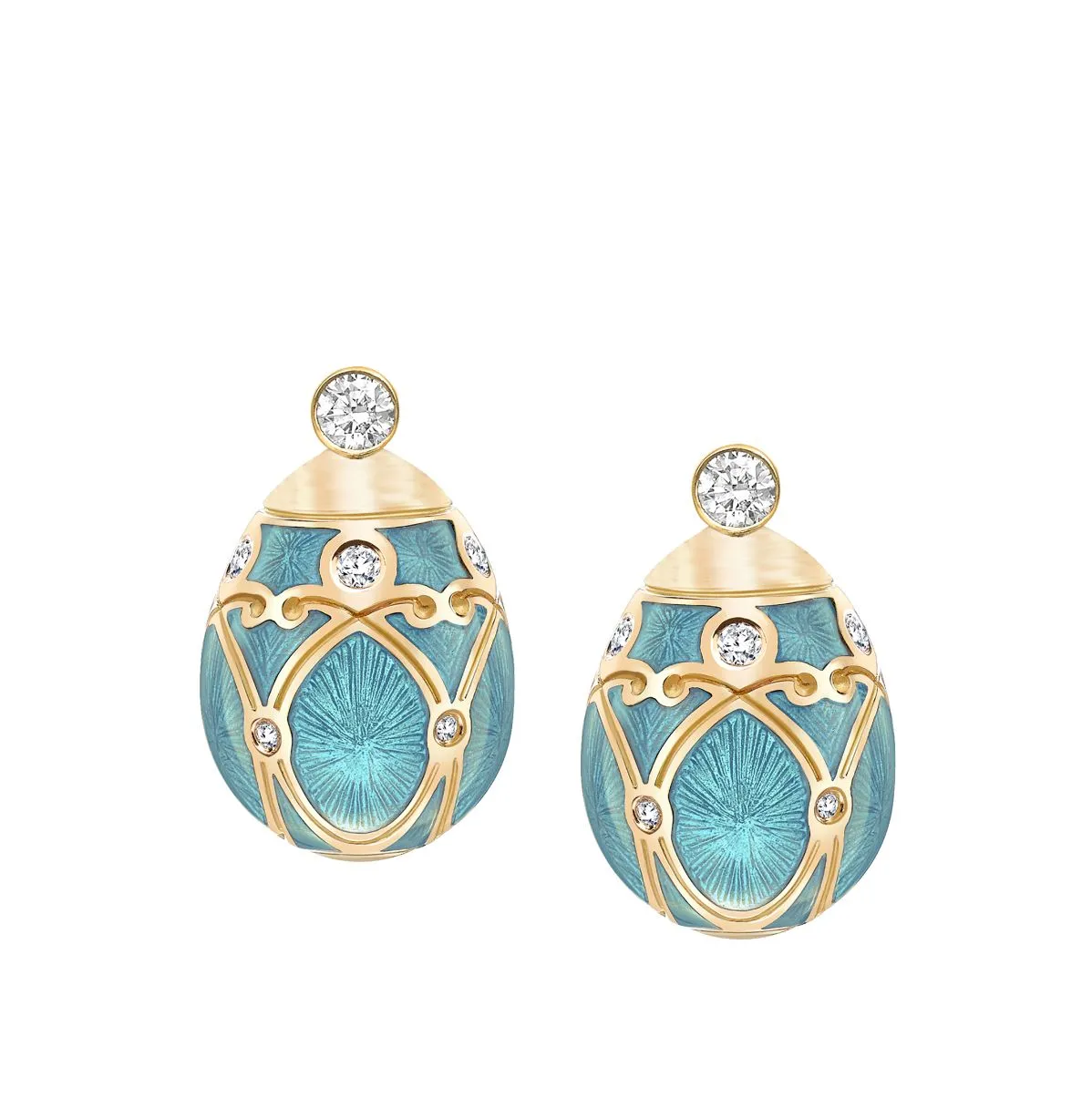 Faberge Heritage Yellow Gold Diamond Turquoise Guilloche Enamel Stud Earrings sold by C.W. Sellors