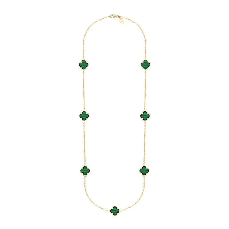 9ct Yellow Gold Malachite Bloom Four Leaf Clover Ball Edge Long Necklace sold by C.W. Sellors