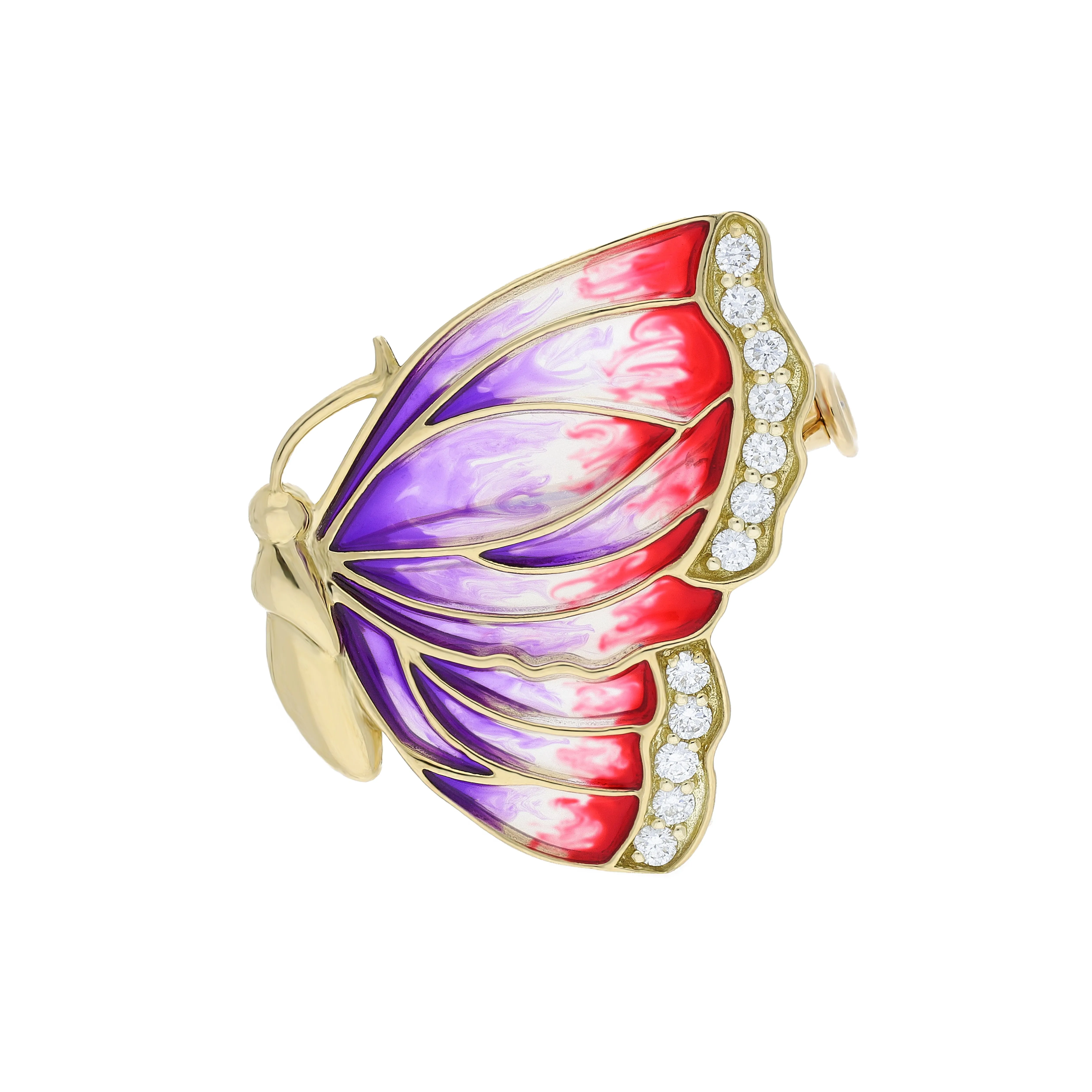 18ct Yellow Gold Red & Purple Enamel with Diamond Butterfly Wing Brooch sold by C.W. Sellors