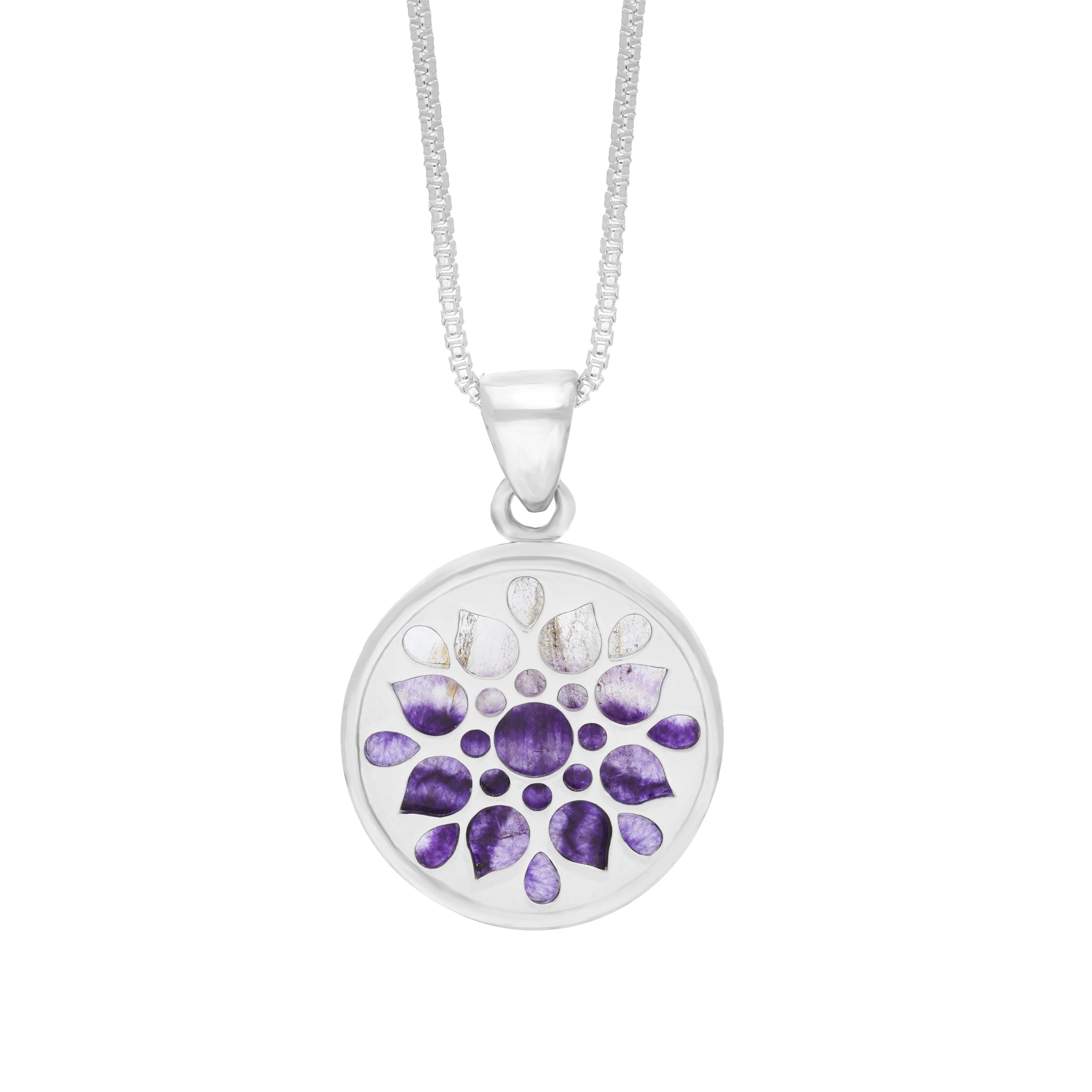 Sterling Silver 17mm Blue John Chatsworth Décor Round Flower Burst Pendant sold by C.W. Sellors