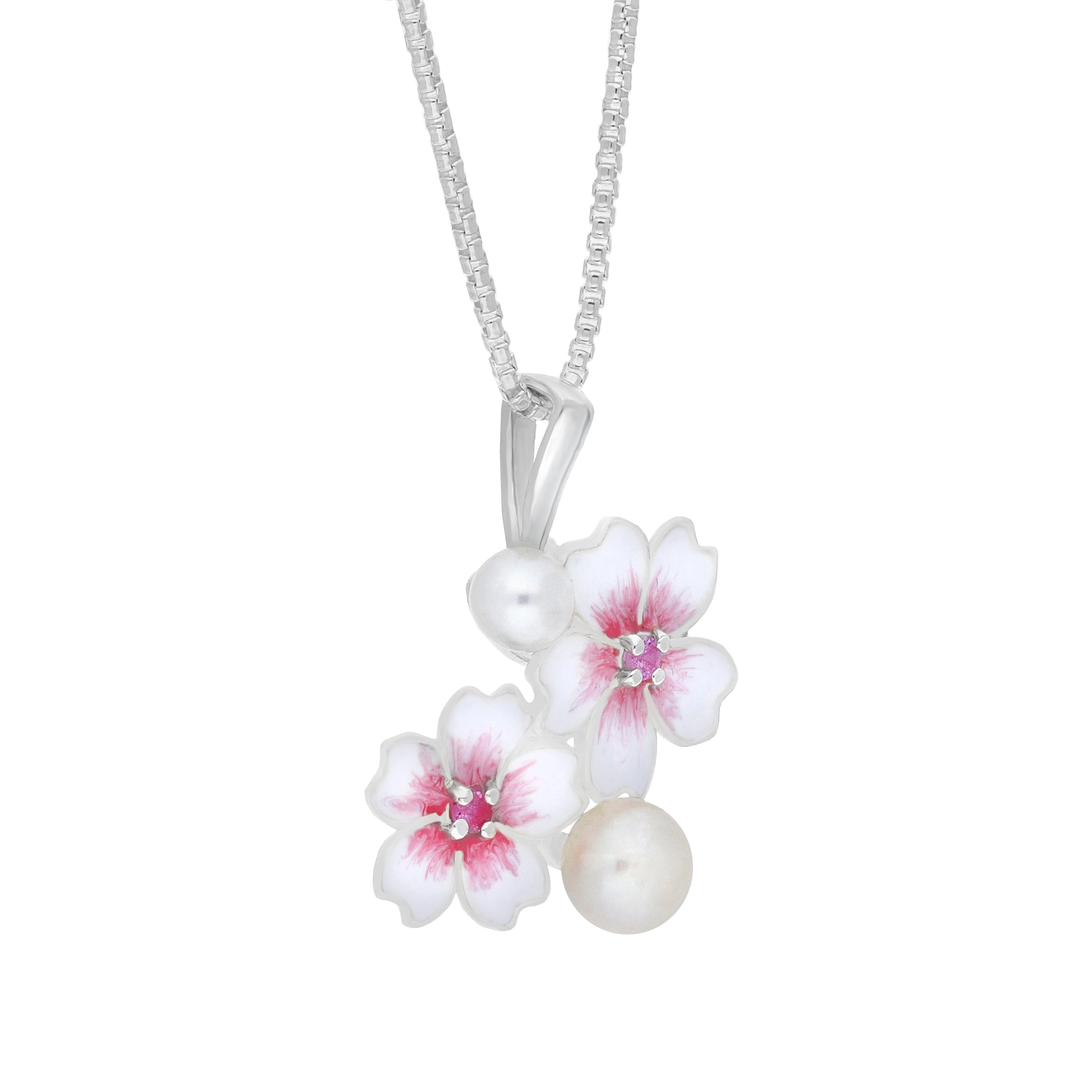 Sterling Silver Pearl & Pink Sapphire Double Cherry Blossom Flower Pendant sold by C.W. Sellors product image thumbnail 2