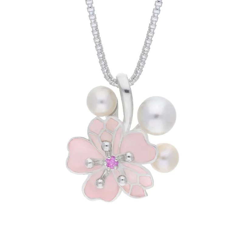 Sterling Silver Pearl and Pink Sapphire Cherry Blossom Flower Pendant sold by C.W. Sellors