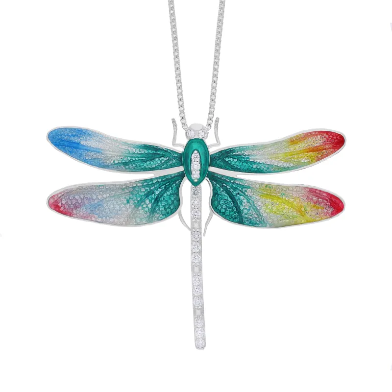 Sterling Silver Multicoloured Enamel Diamond Dragonfly Pendant sold by C.W. Sellors