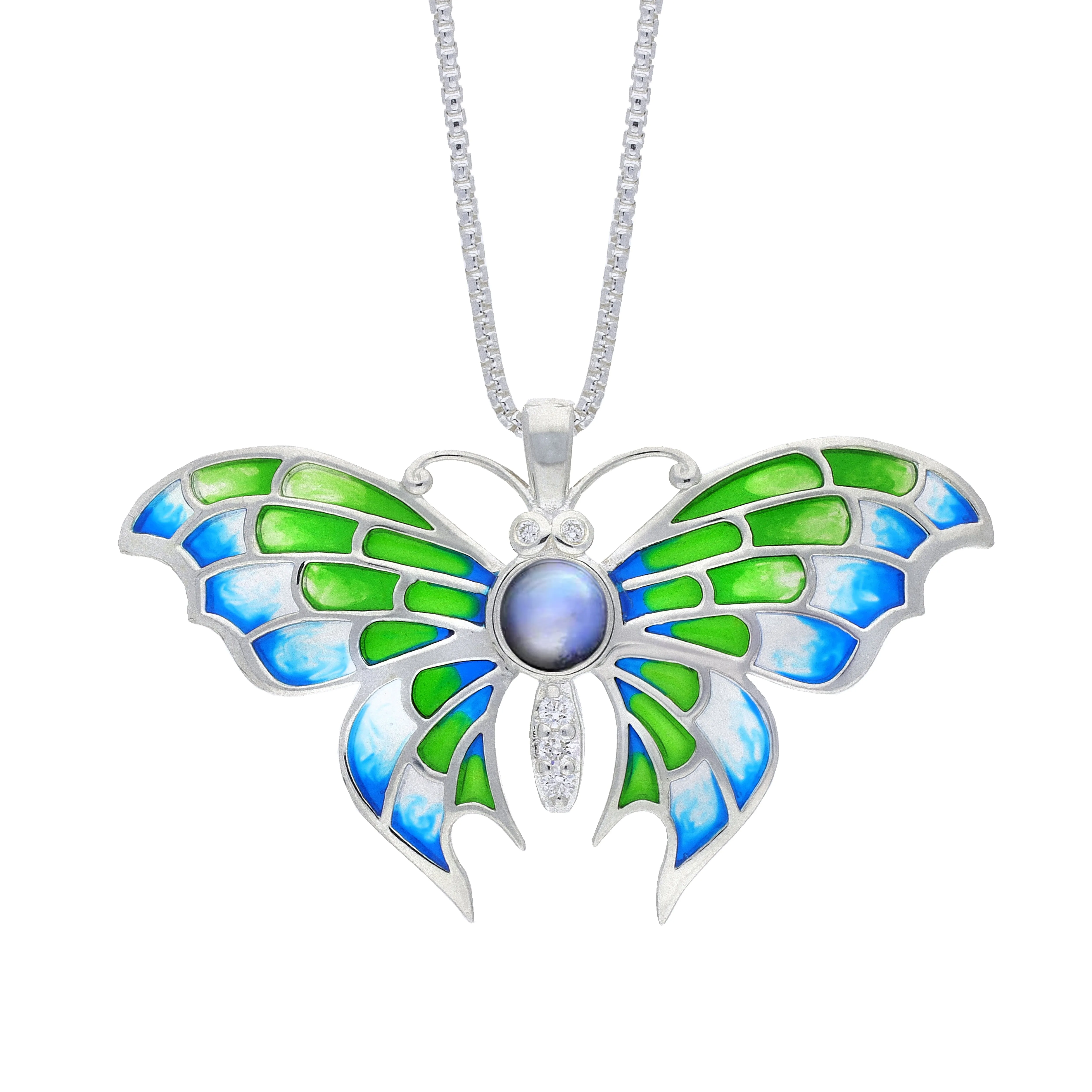 Sterling Silver Blue Green Enamel with Diamond & Blue Moonstone Butterfly Pendant sold by C.W. Sellors