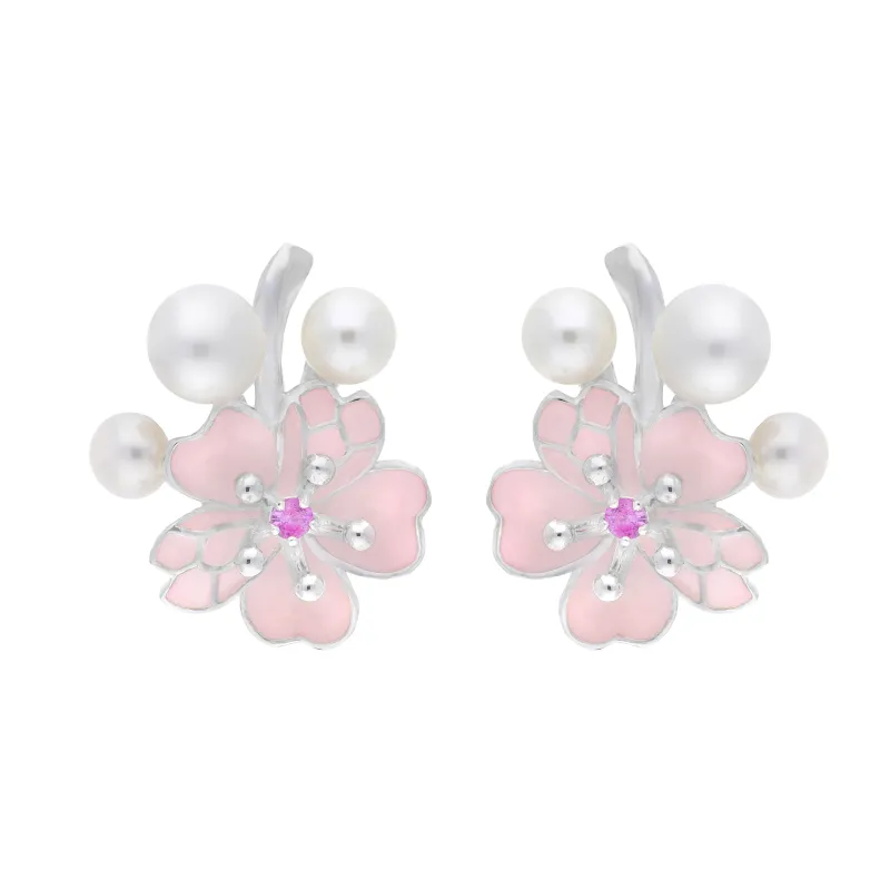 Sterling Silver Pearl and Pink Sapphire Cherry Blossom Stud Earrings sold by C.W. Sellors