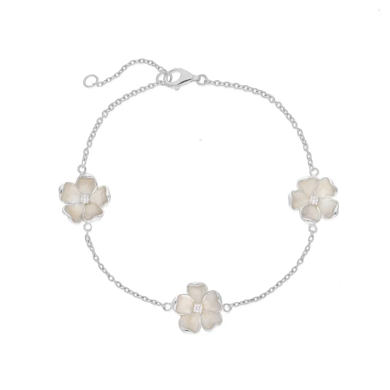 Sterling Silver White Enamel Diamond Three Flower Bracelet sold by C.W. Sellors