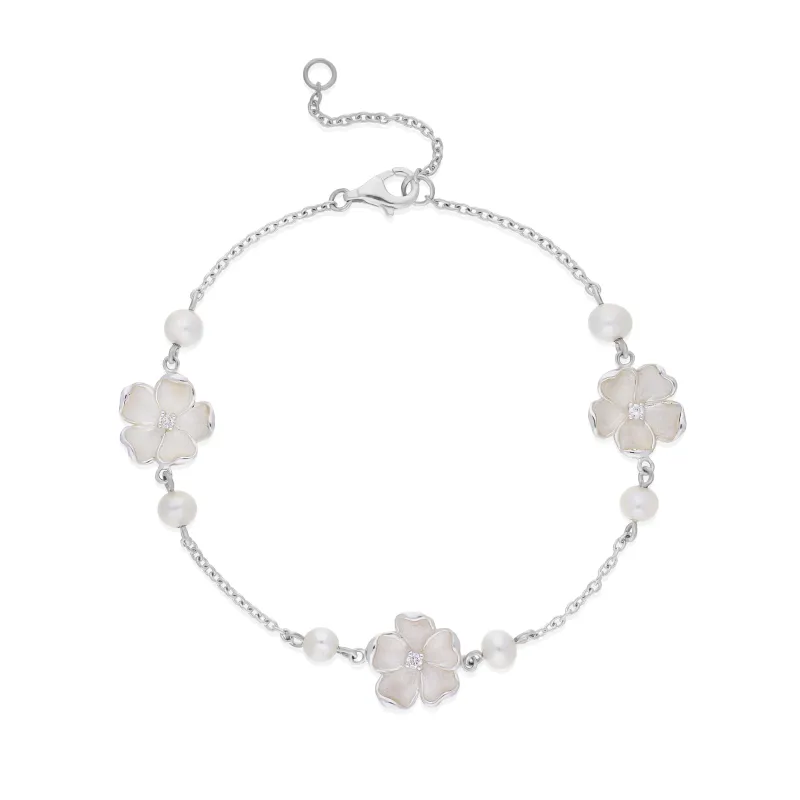 Sterling Silver Pearl & Diamond Three Flower Bracelet sold by C.W. Sellors