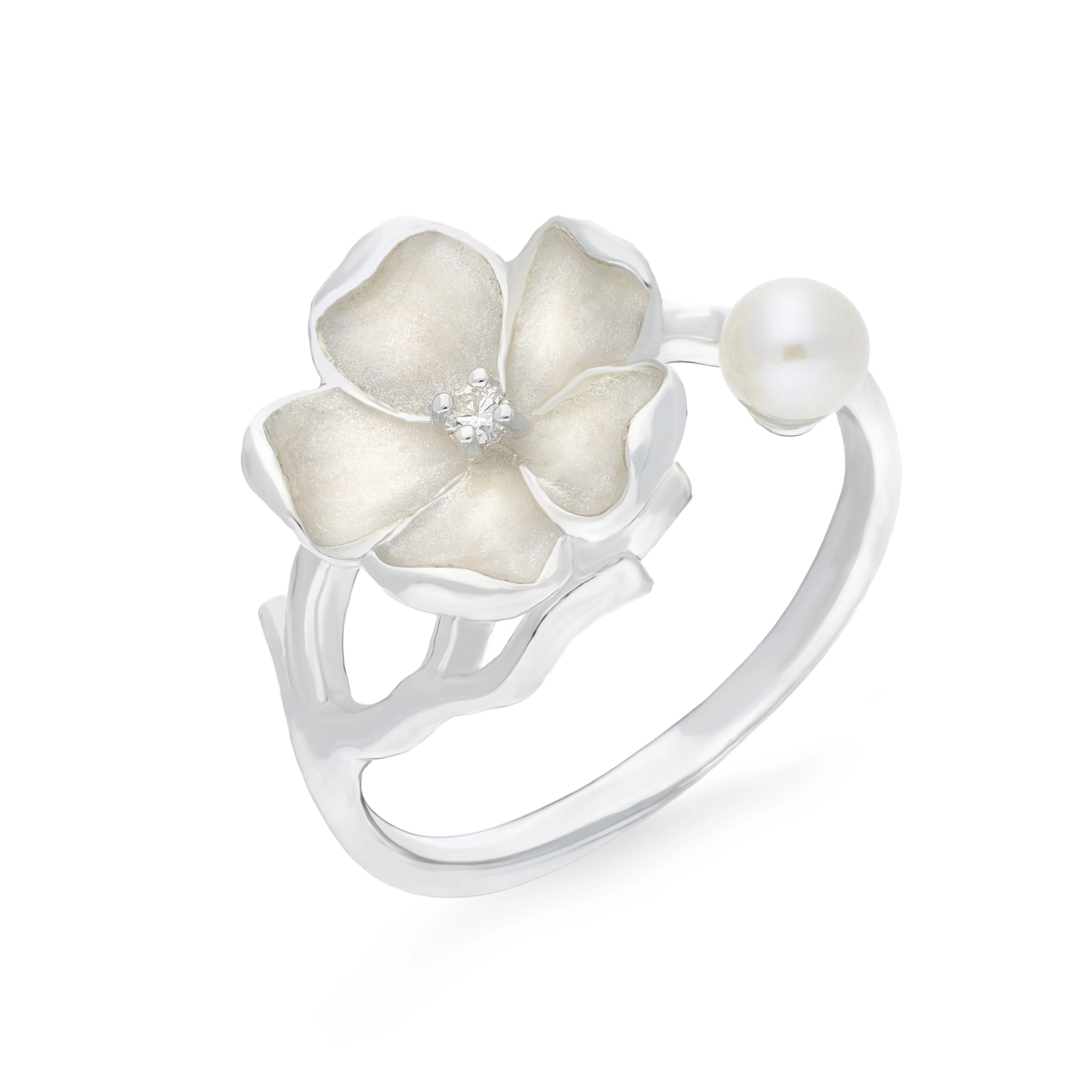 Sterling Silver Pearl and Diamond Flower Ring sold by C.W. Sellors