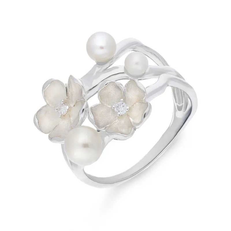 Sterling Silver Pearl Diamond Double Flower Ring sold by C.W. Sellors