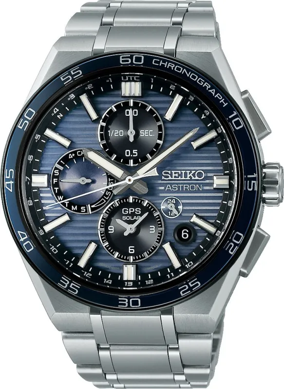 Seiko Astron Watch GPS Solar Dual Time Chronograph in Slate Blue sold by C.W. Sellors