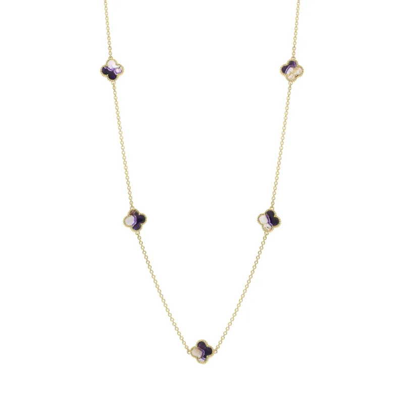 18ct Yellow Gold Blue John bloom Four Leaf Clover Ball Edge Necklace sold by C.W. Sellors