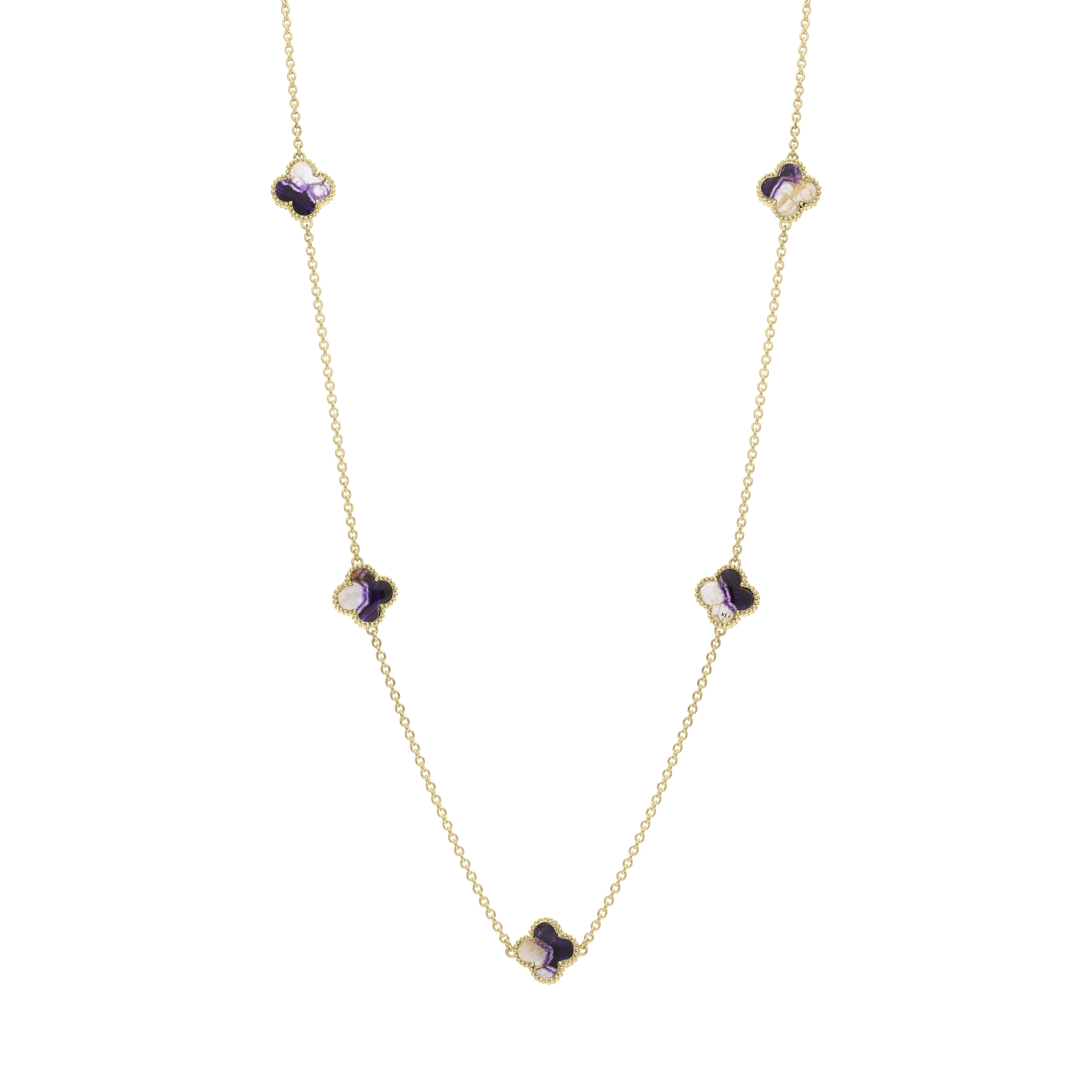 18ct Yellow Gold Blue John bloom Four Leaf Clover Ball Edge Necklace sold by C.W. Sellors