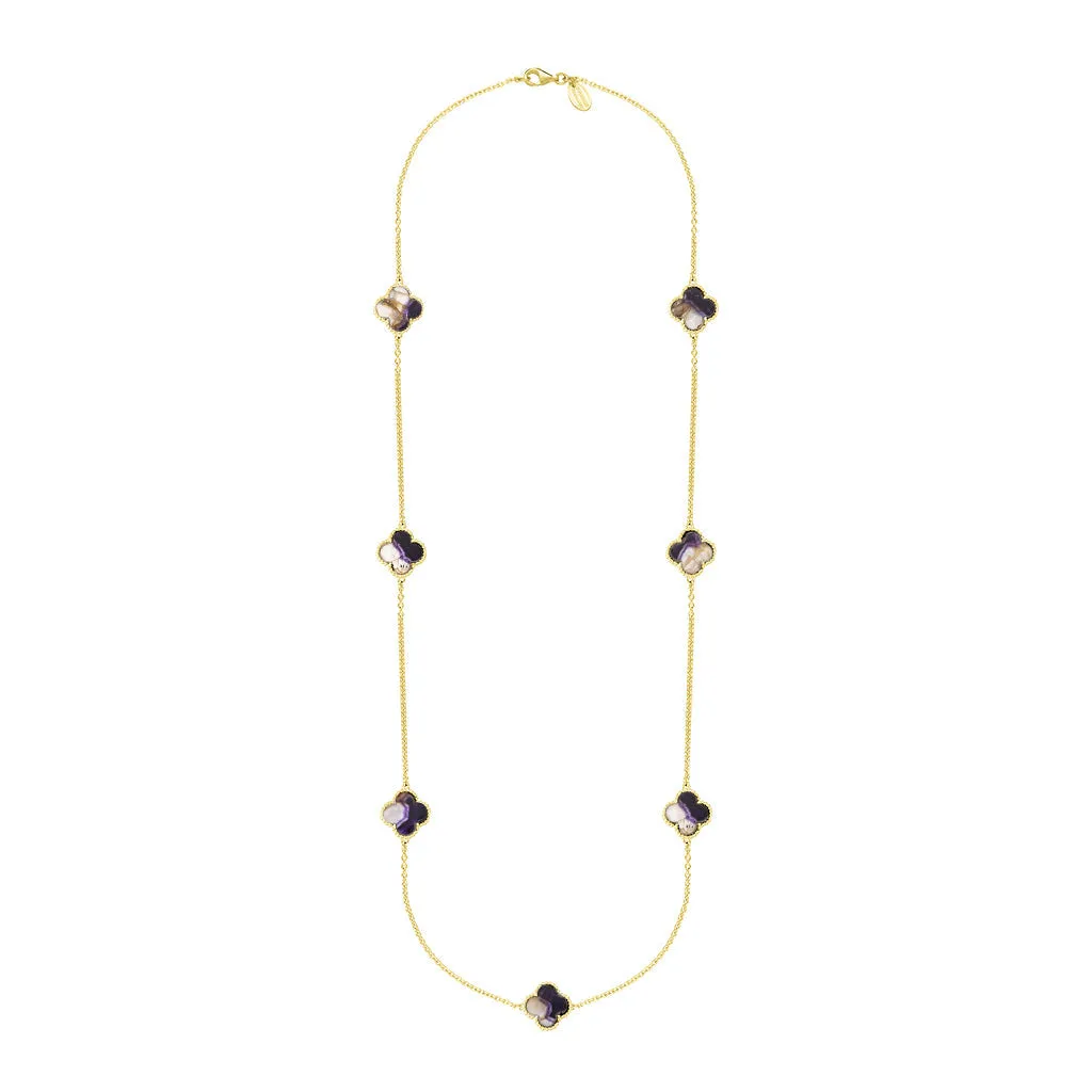 18ct Yellow Gold Blue John bloom Four Leaf Clover Ball Edge Long Necklace sold by C.W. Sellors